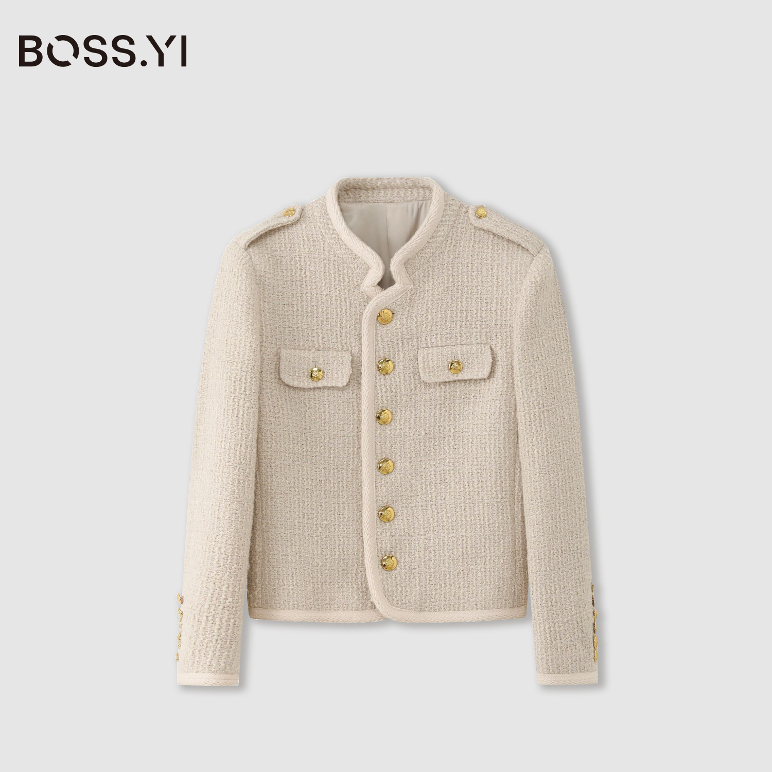 Tweed Style Light Beige Tweed Short Jacket for Women with Stand Collar and Gold Buttons Retro Ladylike Top Tyaw0