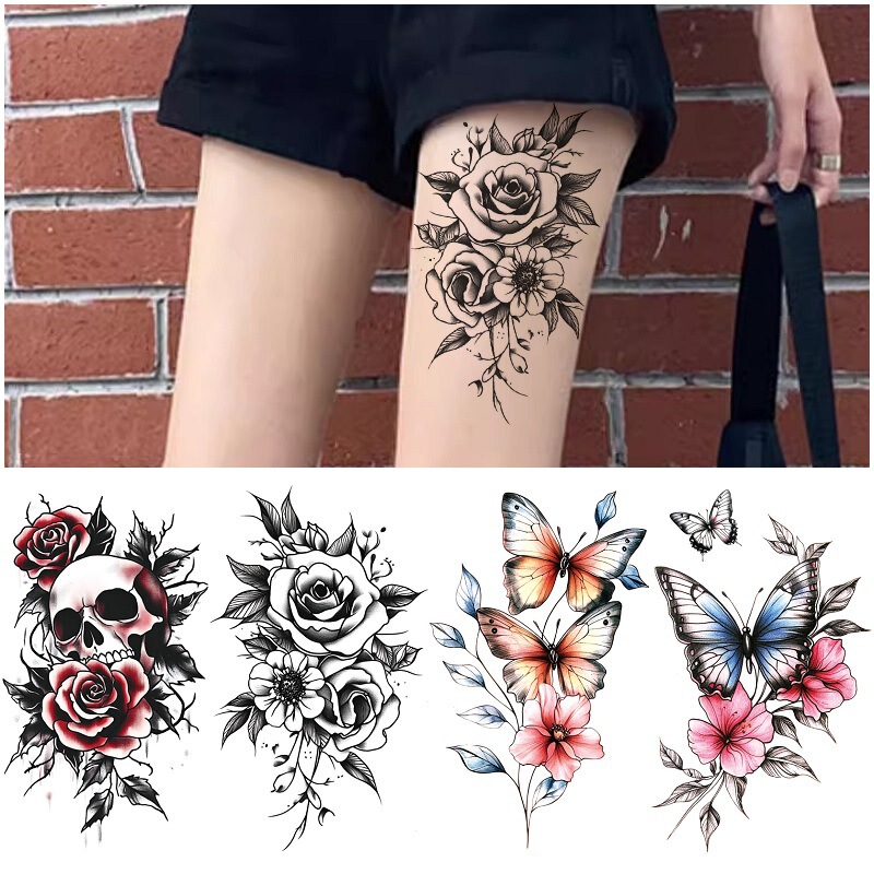New Cross-Border Skull Rose Flower Butterfly Eagle Pattern Water Transfer Disposable Temporary Artificial Tattoo Sticker