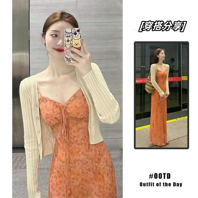 Нежный ветер, чтобы собрать талию, деревянные уши, цветочные подвески платье костюм женский летний солнцезащитный крем вязаный кардиган тонкая юбка