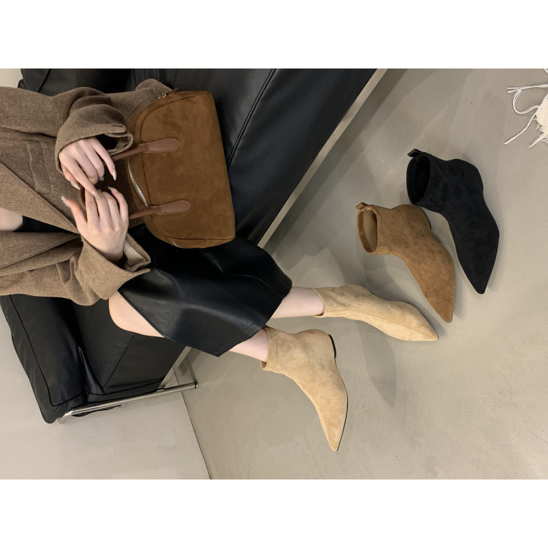 2025 Autumn and Winter New European and American Simple Frosted Suede Flats Socks Boots Flats Heel Slim Boots Pointed Toe Short Boots for Women