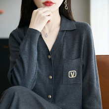 设计感翻领针织衫开衫女秋季新款刺绣薄款长袖外套气质女装上衣