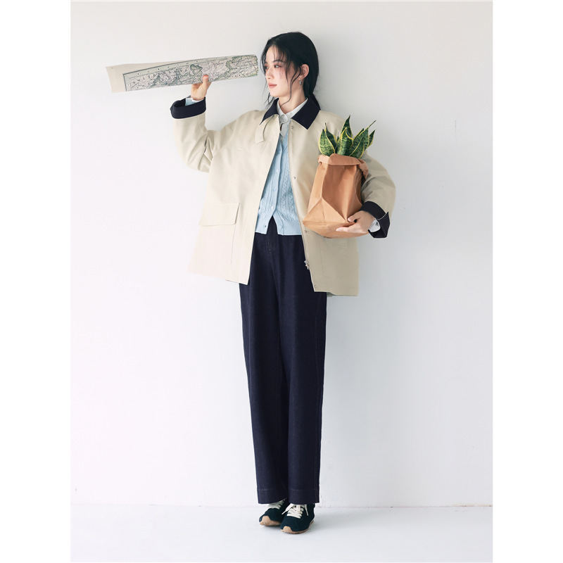 伊*丽简约撞色日系卡其设计感小个子短款风衣女外套2025春季新款|undefined