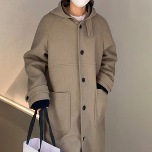 MYQ high-grade hooded mid-length woolen coat men's winter Korean-style loose woolen warm coat couple