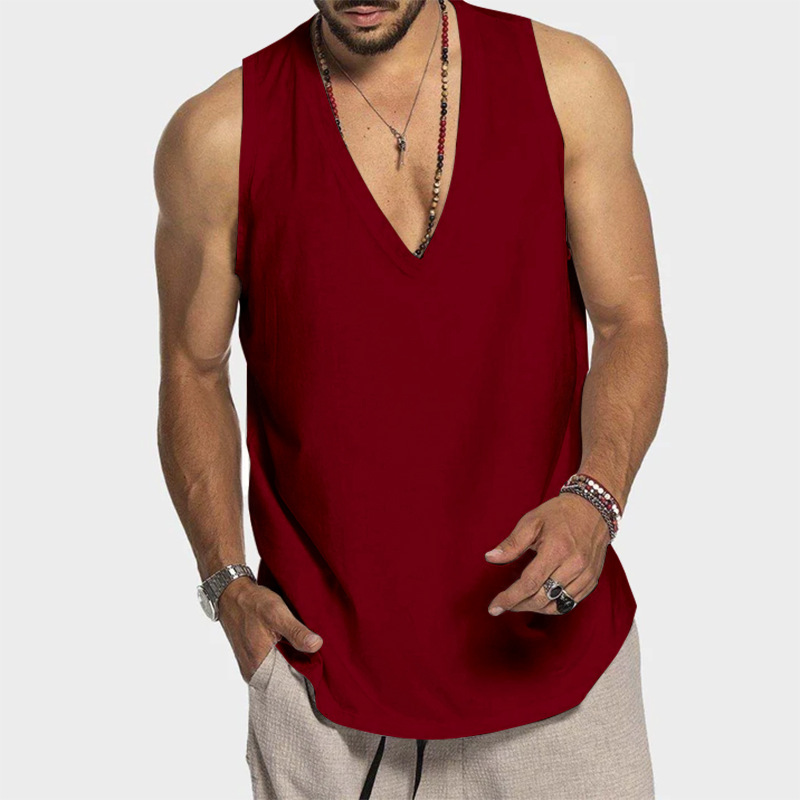 Camiseta sin Mangas Casual de Color Sólido para Hombre de Algodón para Verano