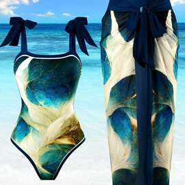 2025新款欧美复古外贸泳装保守连体泳衣套装女批发网纱长裙两件套