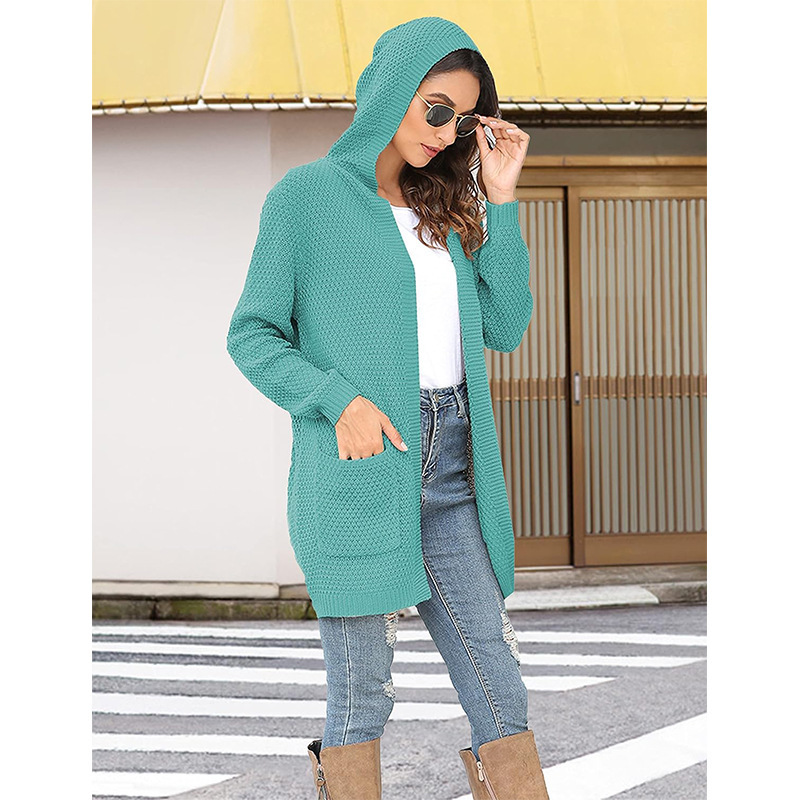 Amazon sweater solid color long sleeve loose cardigan cross-border European and American hoodie sweater women's knitwear with pockets