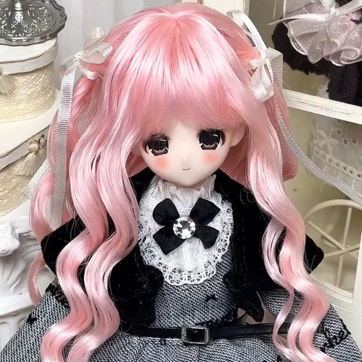 Парик для куклы BJD розовый чёлка волнистый 3 4 6 частей термоволокно