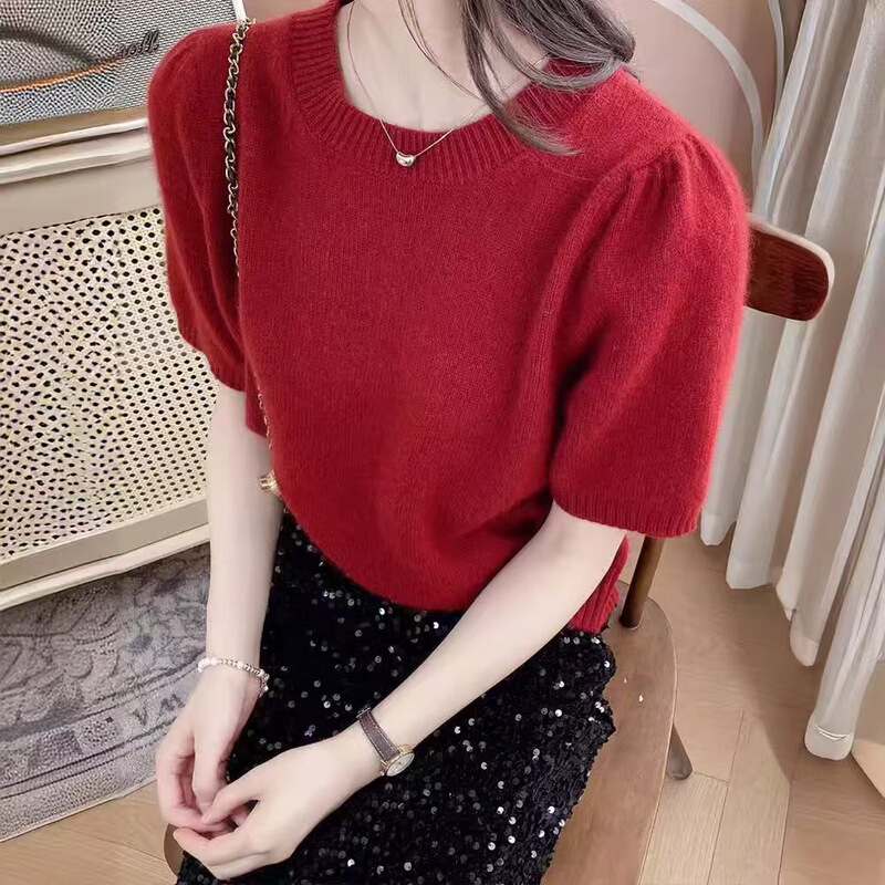 Spring and Autumn New Women's 100 Pure Wool Round Neck Short-sleeved Classic Solid Color Base Half-sleeved T-shirt Pullover Sweater Trendy