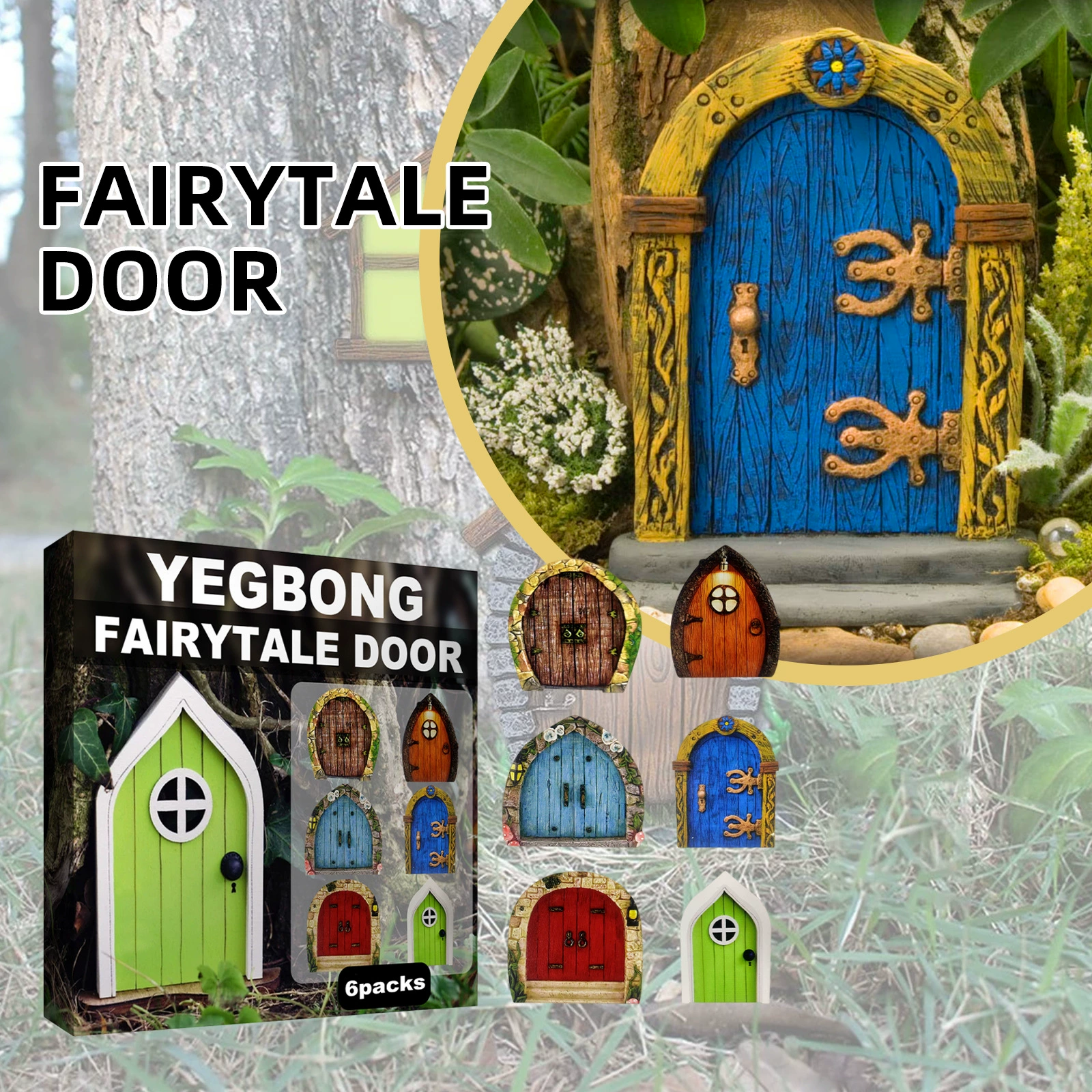 YEGBONG Garden decorative fairy tale door, courtyard tree decor, wooden miniature dwarf decoration fairy tale door