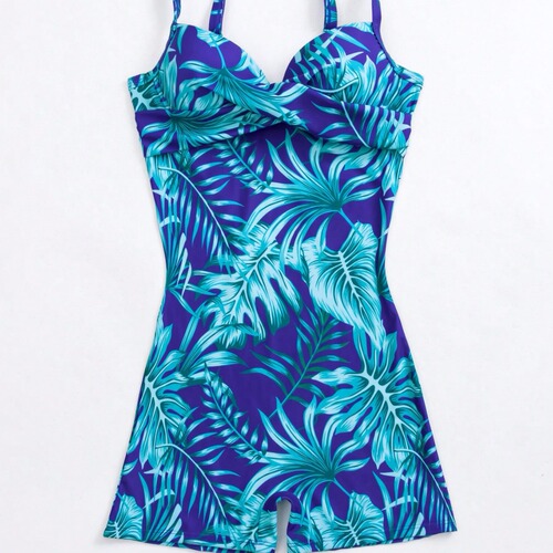 Bodycon Lace Leaf Print Western Straight Leg Pants Conservative Fresh Style One-Piece Swimsuit for Women