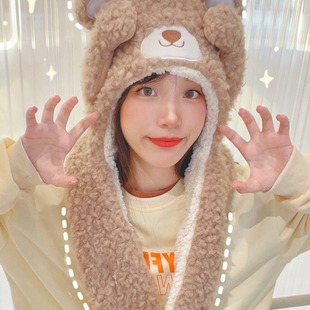 Little Bear Hat Winter Women's 2024 New Ins Fashion Warm Cute Scarf Hat One-piece Headgear Winter Warm