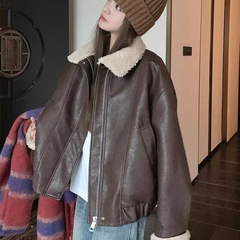 美拉德复古皮衣加绒加厚短款羊羔毛外套女冬2025新款宽松机车夹克