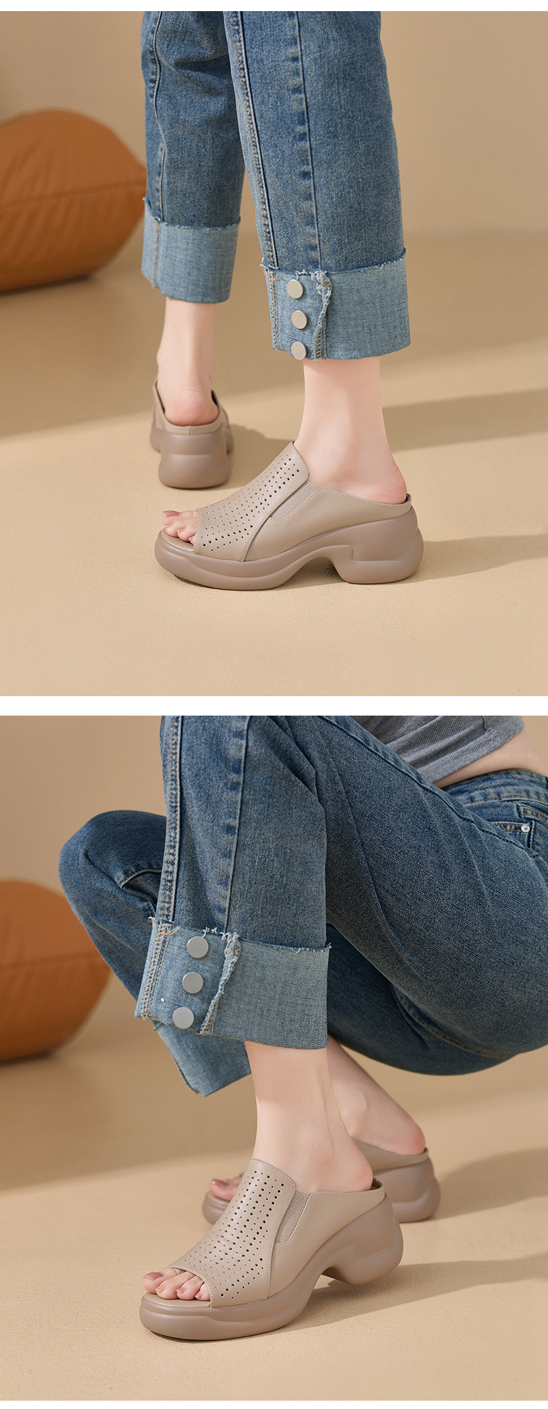 Dép sandal nữ da bò đục lỗ đế xuồng cao gót 9 cm — màu trắng ngà chi tiết 7