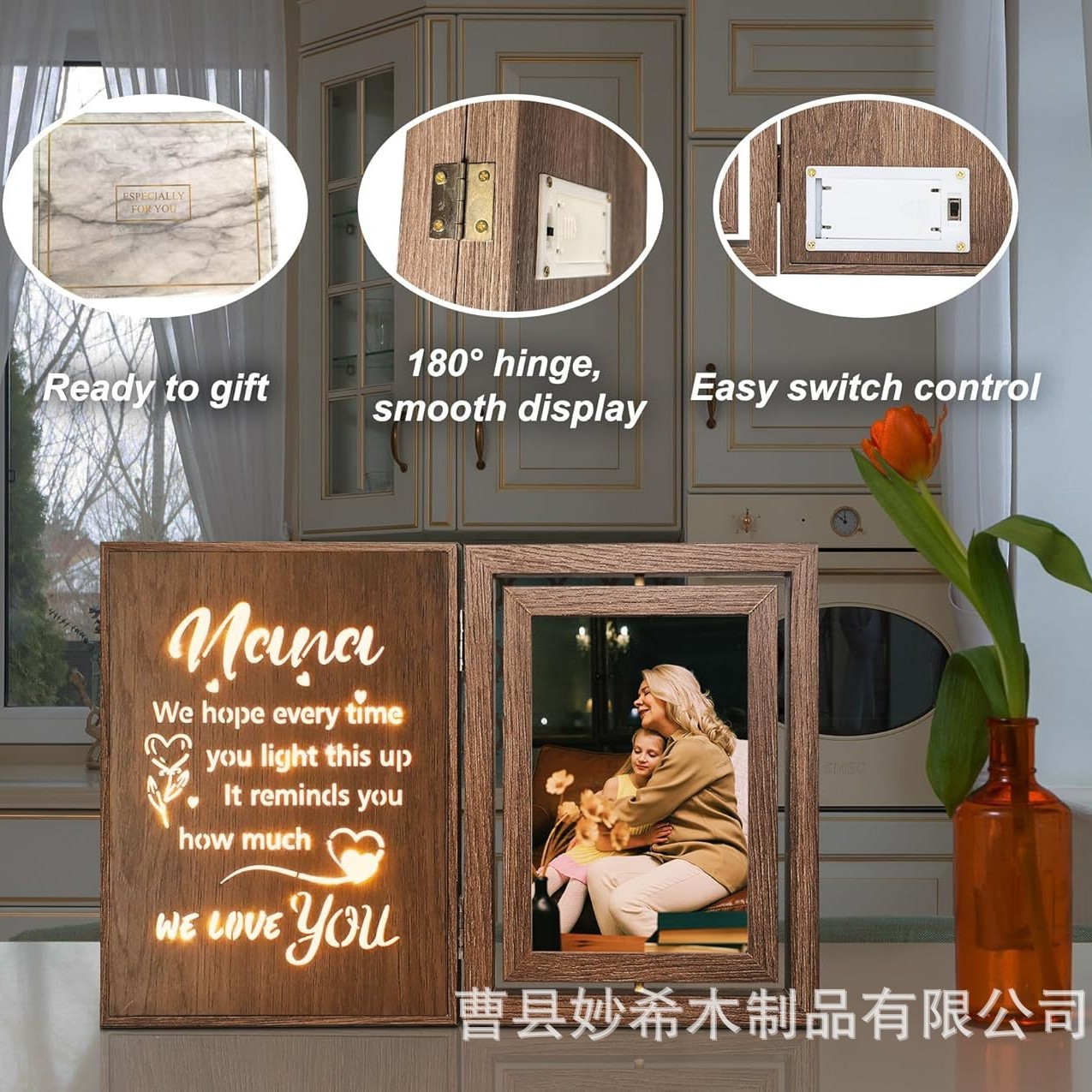 Wooden Double-Sided Rotating Photo Frame Table Home Furnishings Office Desk Decoration Photo Frame with Light Photo Mounting Frame