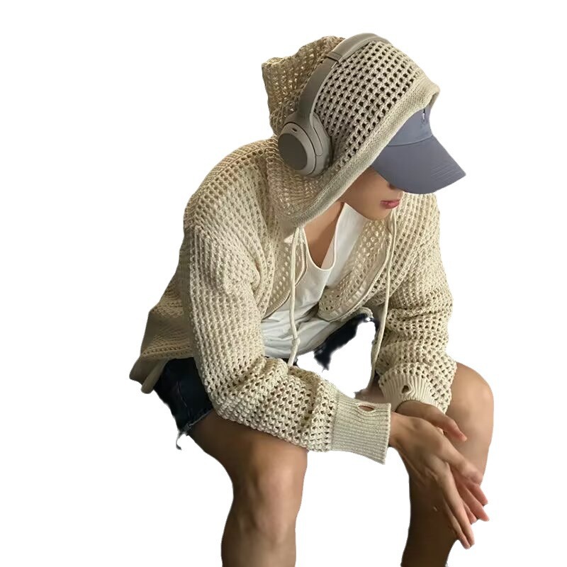 Cardigan haut de gamme pour hommes, pull en tricot ajouré à capuche haute élasticité pour tenue d'été fine de couple de protection solaire_voghion.com