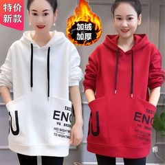 加绒加厚连帽中长款卫衣女冬季大口袋新款宽松韩版百搭休闲外套潮