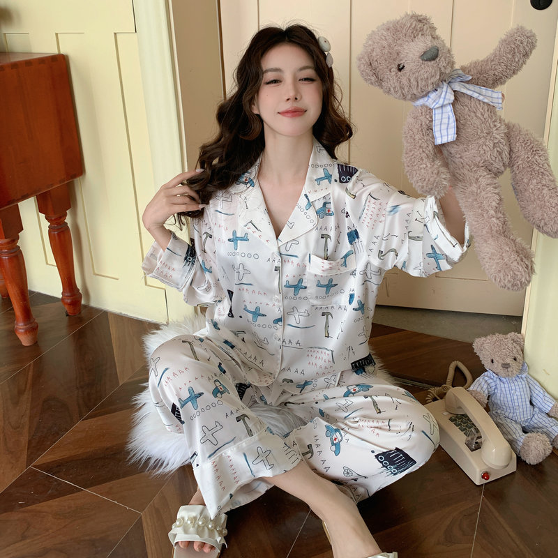 Spring and Autumn 2025 New Arrival Printed Cute Girl's Long-Sleeved Silk Sweet Pajamas Women's Korean Style Home Clothes Two-Piece Set