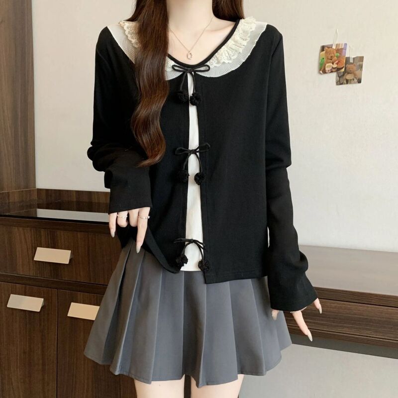 Korean-Style Lace Doll Collar Long-Sleeve Knit Sweater for Women, New Autumn Style, Plus-Size, Faux Two-Piece Top, New Model