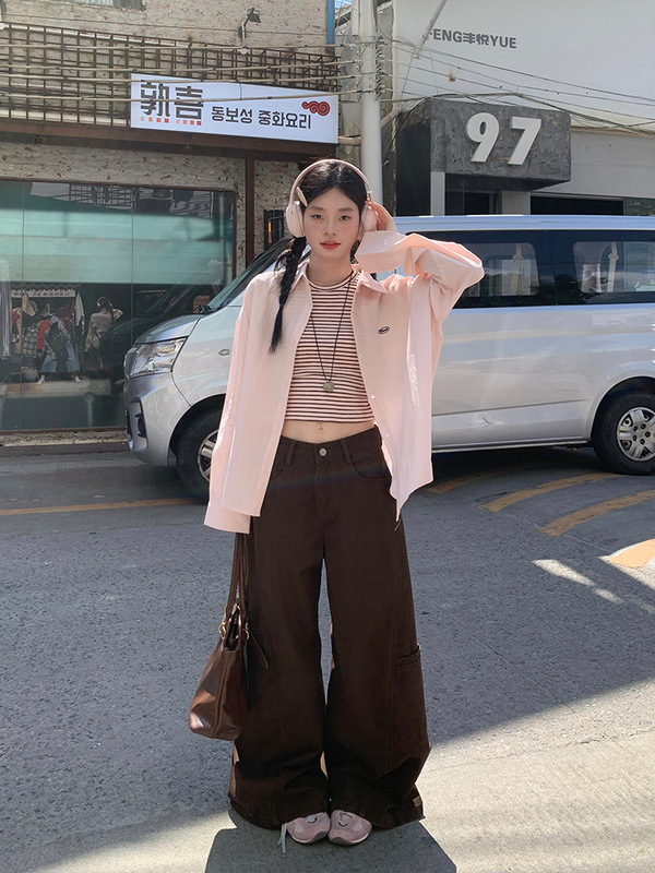 宋正恩咖色阔腿牛仔工装裤女2025秋季新款高腰直筒百搭拖地长裤子|undefined