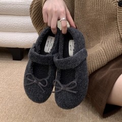 小香风蝴蝶结灰色毛呢内增高加绒勃肯鞋子女厚底玛丽珍浅口毛毛鞋