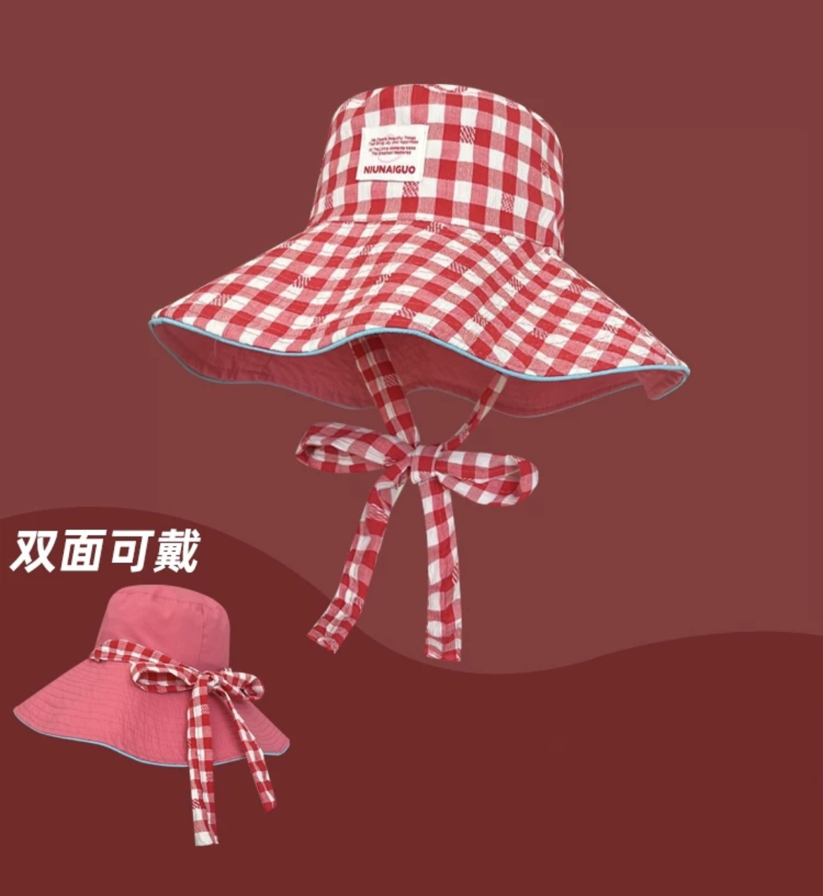 Nuevo estilo coreano ins cuadrícula correa sombrero de pescador mujer verano viaje al aire libre gorra de doble cara gran sombrero de protección solar