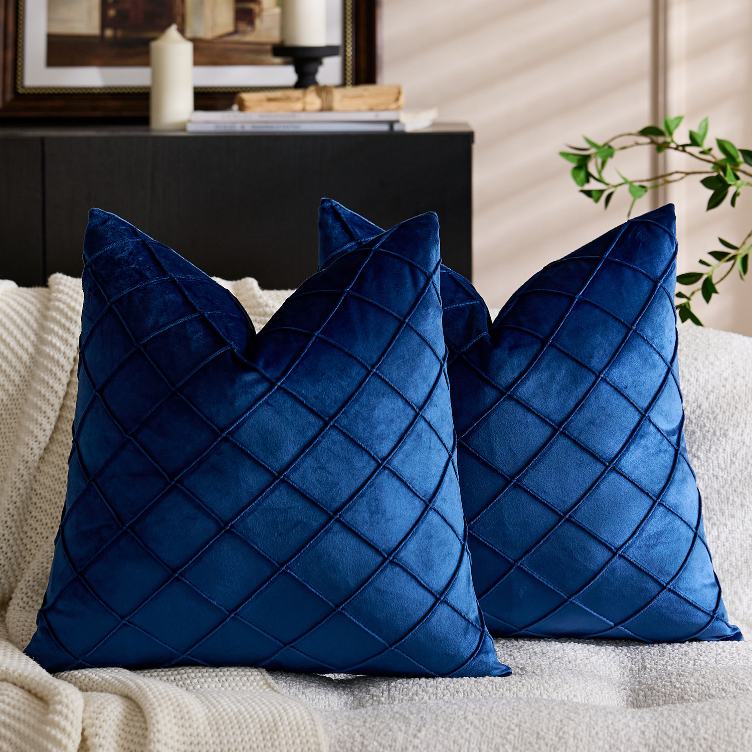 国境を越えた北欧の純色ビロード刺繍の方格子抱き枕カバー