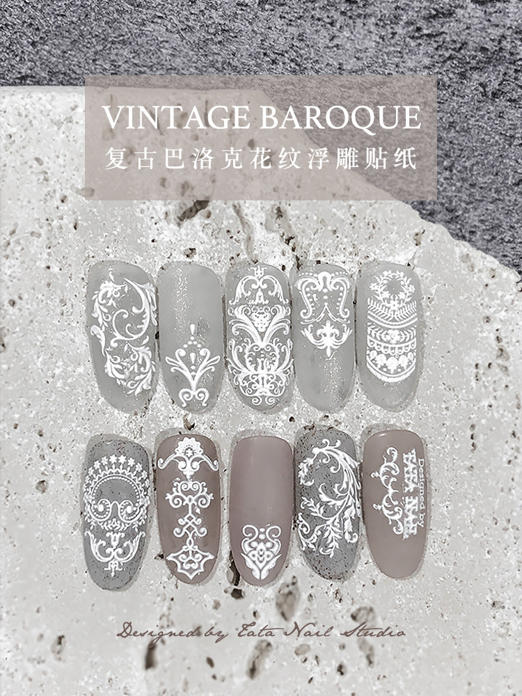 Etiqueta de uñas papel neto rojo popular decorativo pequeño patrón barroco tridimensional blanco en relieve encaje de yeso ultra-Delgado clavo