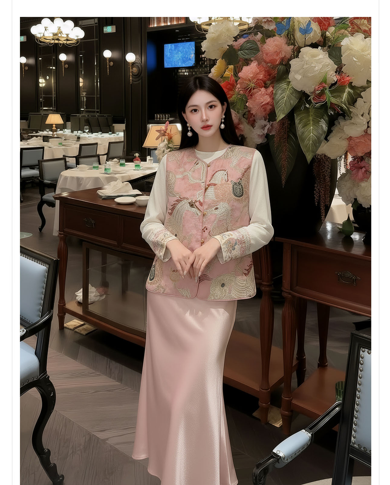 Áo gile thêu họa tiết ngựa phong cách Trung Hoa mùa hè — Màu hồng chi tiết 7