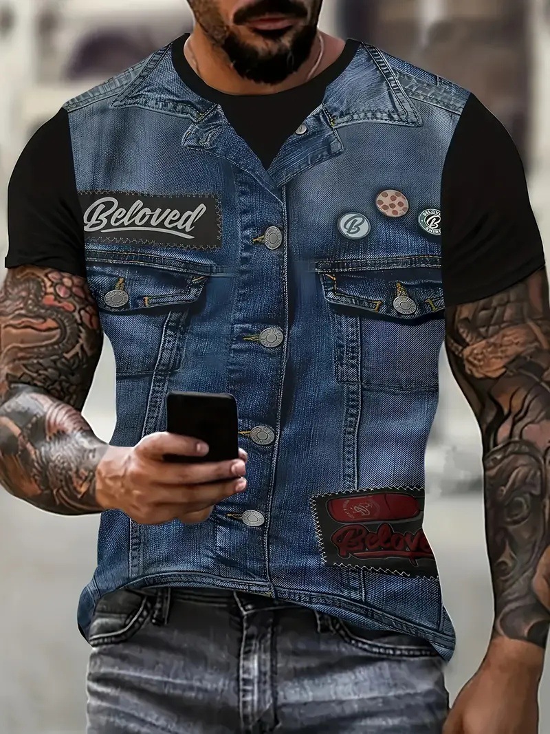 Divertida chaqueta de mezclilla con personalidad estampada en 3D, camiseta casual de cuello redondo de manga corta suelta y transpirable para hombre