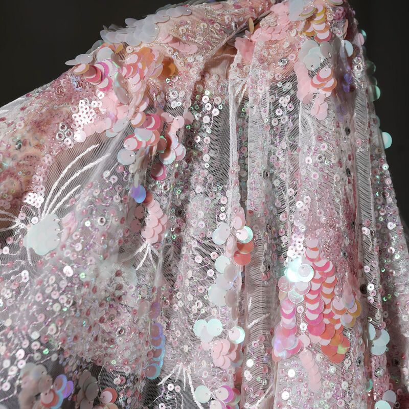 Pink Beautiful Crystal Sequins Mesh Gauze Fairy Style Creative Embroidered Clothing Skirt Wedding Dress Background Designer Fabric Pink Beautiful Crystal Sequins Mesh Gauze Fairy Style Creative Embroidered Clothing Skirt Wedding Dress Background Designer Fabric