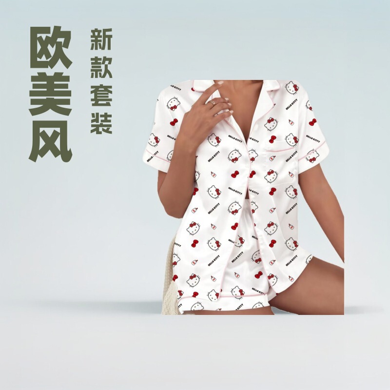 2025 European and American New Cross-Border Pajamas, Sleepwear, Home Wear Set, Sexy Cardigan Shorts, Women's Plus Size, European and American Style 2025 European and American New Cross-Border Pajamas, Sleepwear, Home Wear Set, Sexy Cardigan Shorts, Women's Plus Size, European and American Style