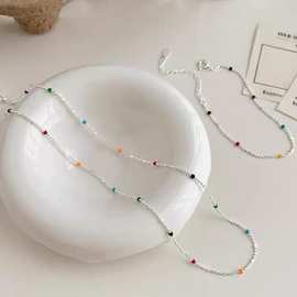 IU同款s925纯银彩色豆豆多巴胺项链女小众设计ins圆珠轻奢锁骨链