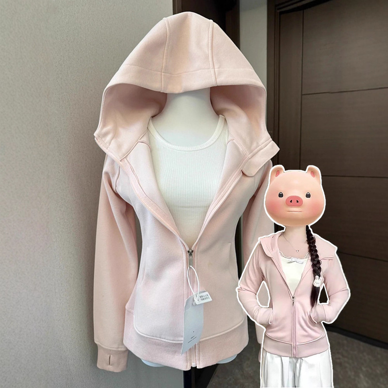 Pink Slim-Fit Jacket for Women, Spring/Summer 2026 New Style, Hooded Regular Shoulder Sweatshirt, Early Autumn Korean Style Outfit, Waist-Cinching Top Pink Slim-Fit Jacket for Women, Spring/Summer 2026 New Style, Hooded Regular Shoulder Sweatshirt, Early Autumn Korean Style Outfit, Waist-Cinching Top