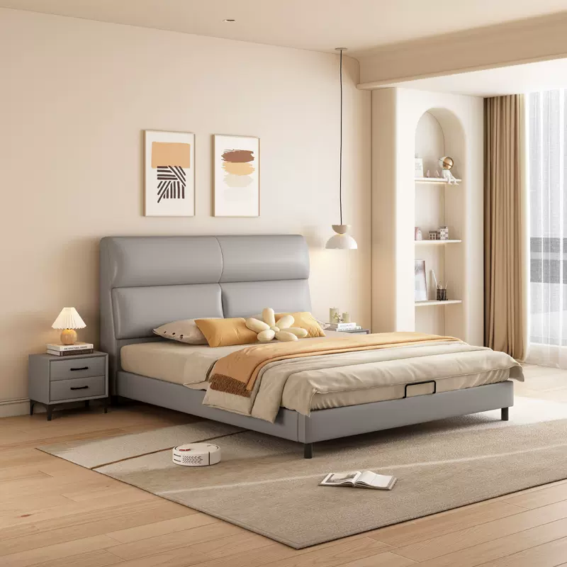 意式风轻奢猫爪皮真皮床现代简约北欧极简软包床时尚网红床主卧床