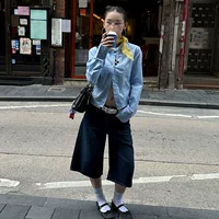 MMFISH модные уличные прямые уличные укороченные брюки с широкими ногами тонкие, старые стирание темно-синие брюки 25K016