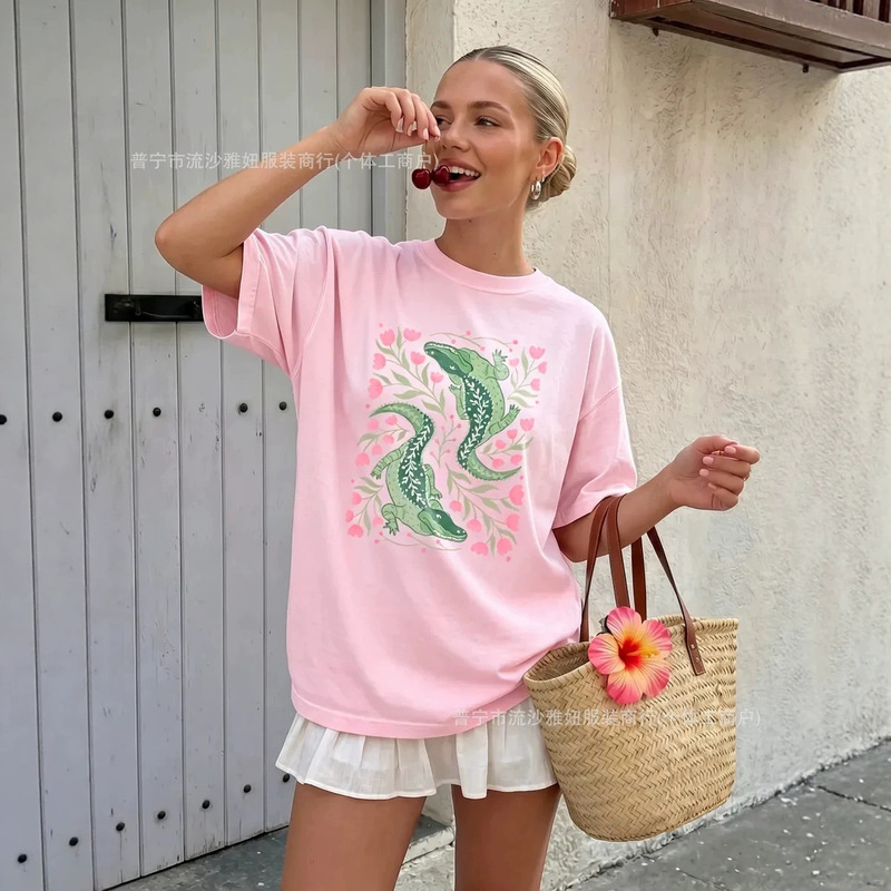 100% pure cotton short-sleeve T-shirt, fun and versatile, slimming, girly, crocodile print, hip-hop street style, skin-friendly top 100% pure cotton short-sleeve T-shirt, fun and versatile, slimming, girly, crocodile print, hip-hop street style, skin-friendly top