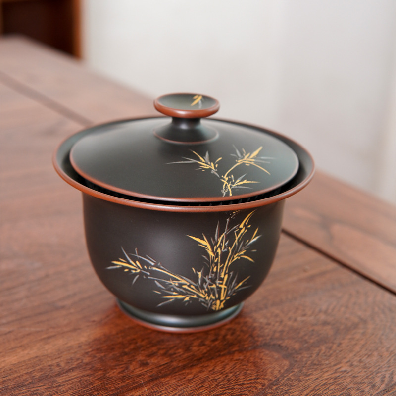 清风不烫手盖碗约160cc 磨砂黑纯手工刻绘广西坭兴陶原矿陶瓷茶具