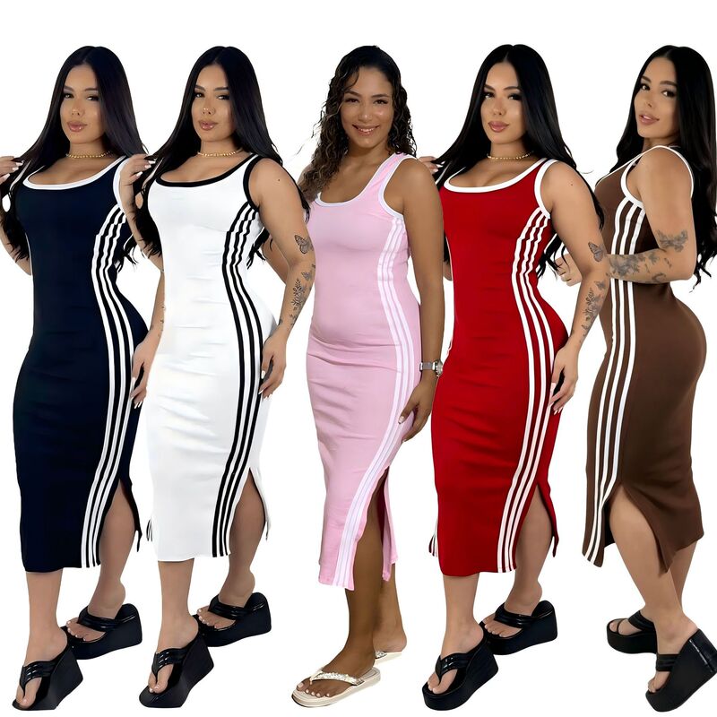 J5261 New Fashion Embroidered Slim-Fit Slit Knit European and American Sleeveless Dress in Five Colors J5261 New Fashion Embroidered Slim-Fit Slit Knit European and American Sleeveless Dress in Five Colors