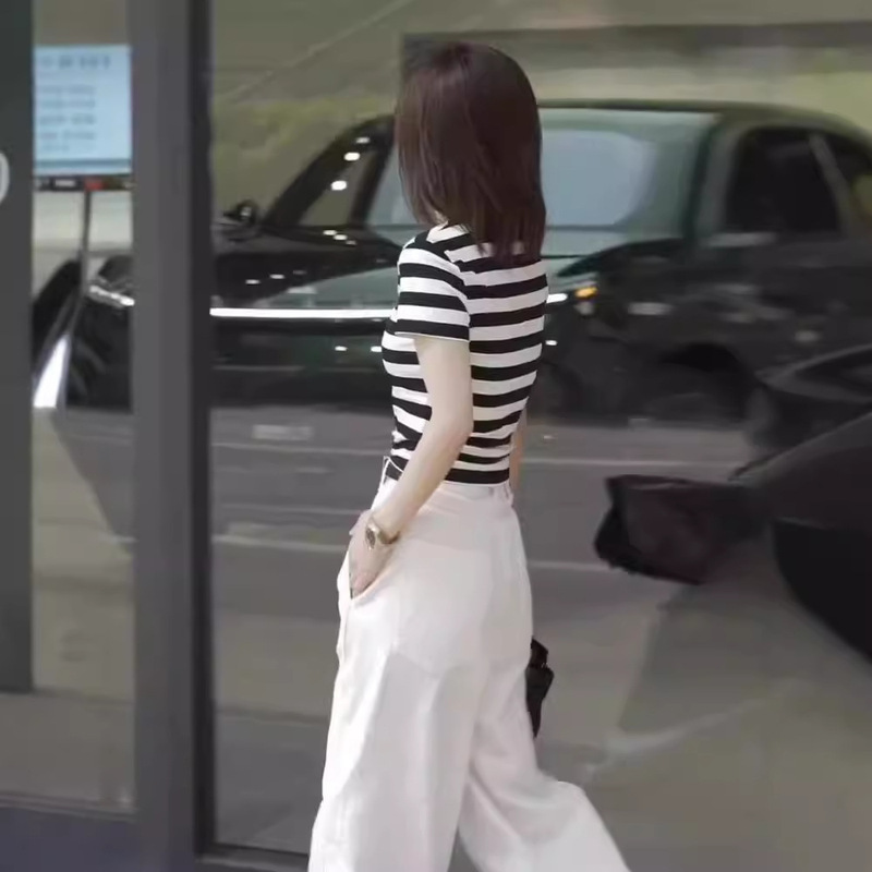 2024 Summer Striped Color Contrast Slim-fit Short-sleeved Top High Waist Straight Narrow Wide Leg White Jeans suit Women 2024 Summer Striped Color Contrast Slim-fit Short-sleeved Top High Waist Straight Narrow Wide Leg White Jeans suit Women