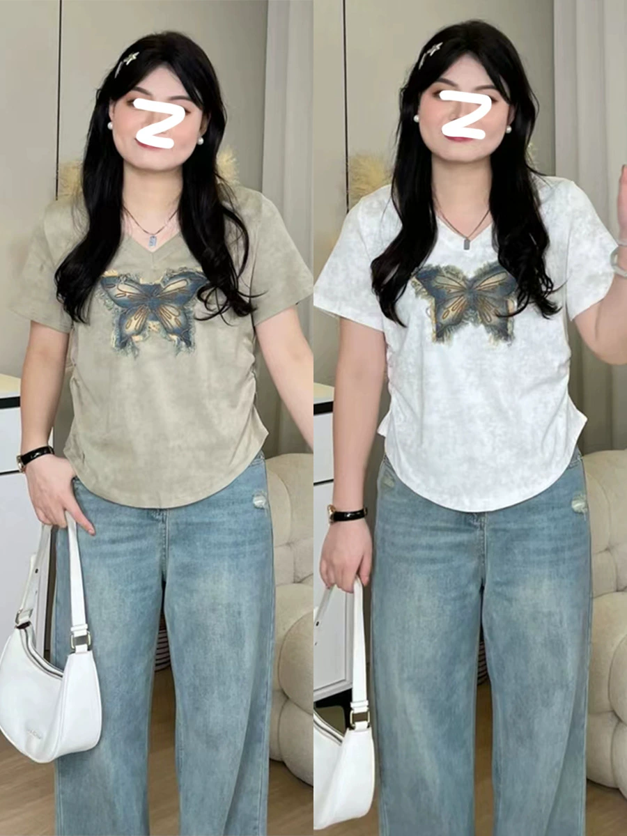 Женская футболка больших размеров с v-образным вырезом и бабочкой на талии, правое плечо, с короткими рукавами, летняя новинка, красивый топ для похудения, толстый мм