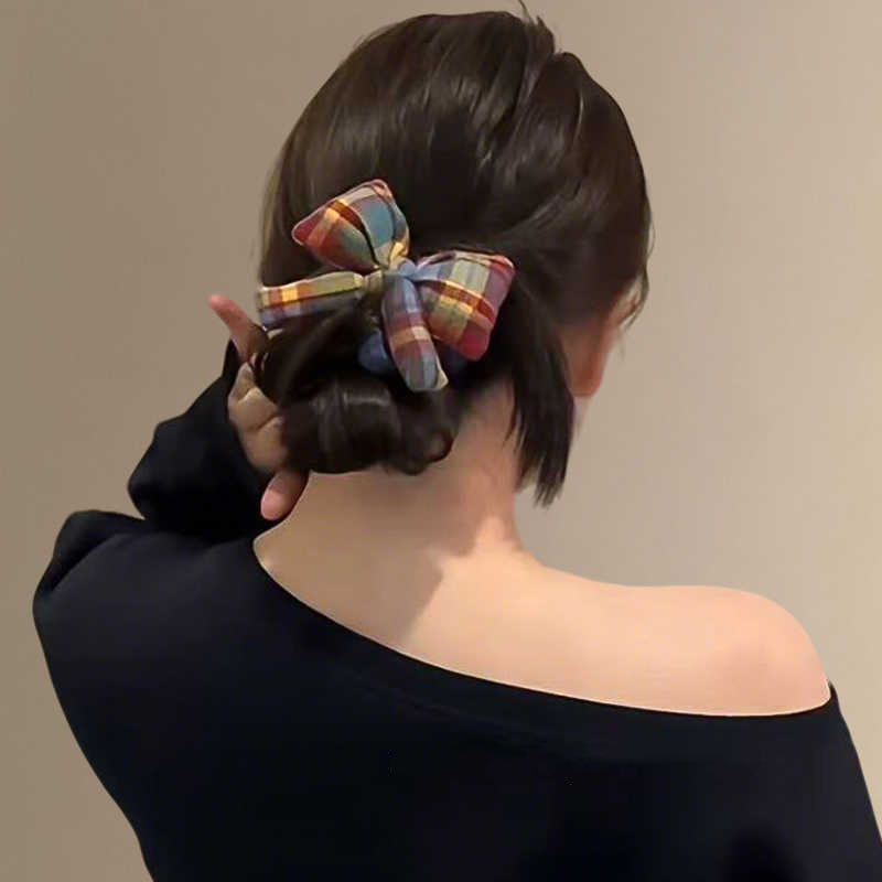 Retro Rainbow Plaid Scrunchie With Bow, Elegant Hair Accessory_voghion.com
