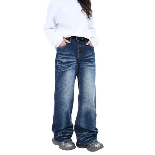 American-style casual straight-leg three-dimensional cut washed denim pants—unisex, loose-fitting, wide-leg, flowing floor-length trendy trousers.
