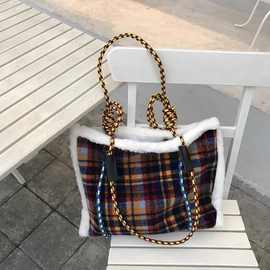 秋冬新款女包大容量托特包毛毛格子百搭单肩包时尚手提包