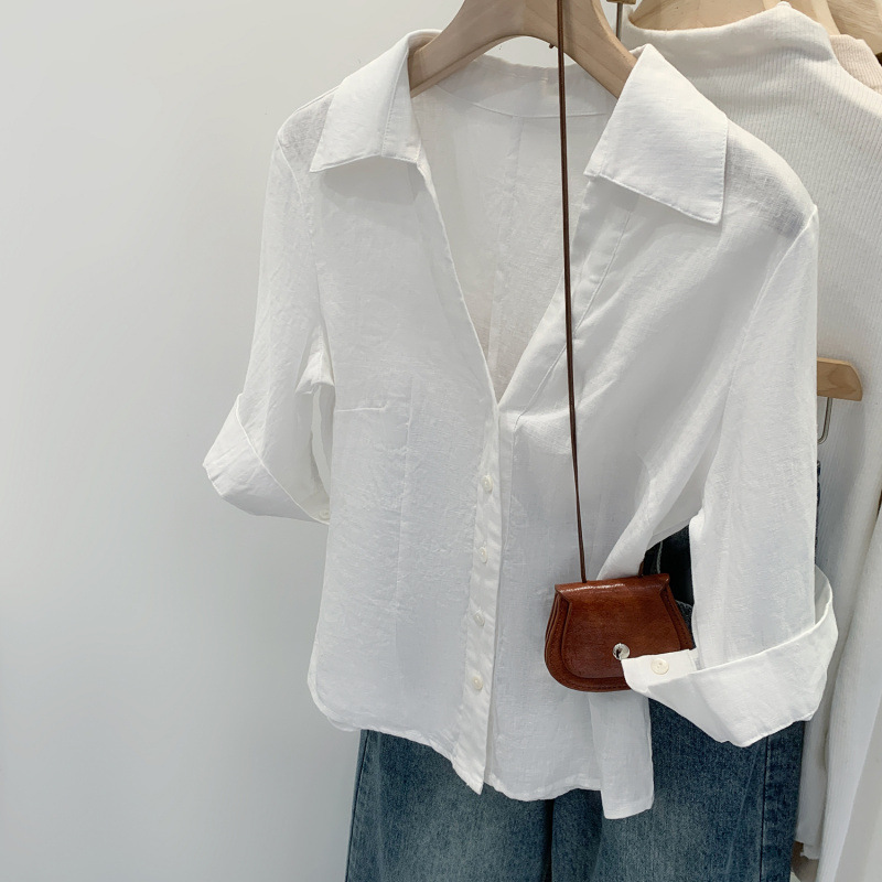 European French Linen Mid-Sleeve Shirt for Women 2025 Summer New Style Accessible Luxury High-End Unique Exquisite Small Top for Women