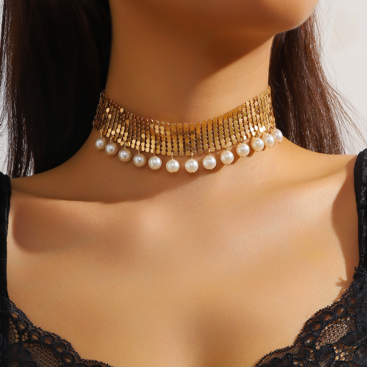 欧美跨境朋克亮片仿珍珠项圈颈链女 时尚夸张choker设计感锁骨链