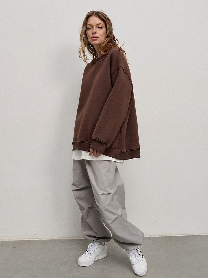 Áo sweatshirt nữ cổ tròn dáng rộng oversize tay dài chất liệu nỉ lông — Hoa màu xám, Màu cà phê, Màu trắng, Xanh navy chi tiết 23