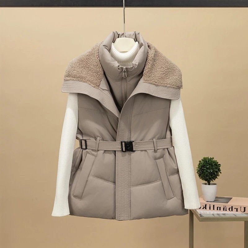 European Collection 2026 New Korean Style Loose Down Cotton Vest for Women, Short Design with Lamb Wool Patchwork, Waist-Cinching Jacket