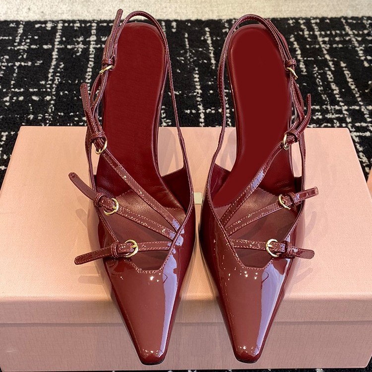 miu*の同スタイルブラックトゥトゥスティレットヒール多用途サンダル、女性用パテントレザーリボンバックストラップ付きスモールスクエアトゥハイヒール|undefined