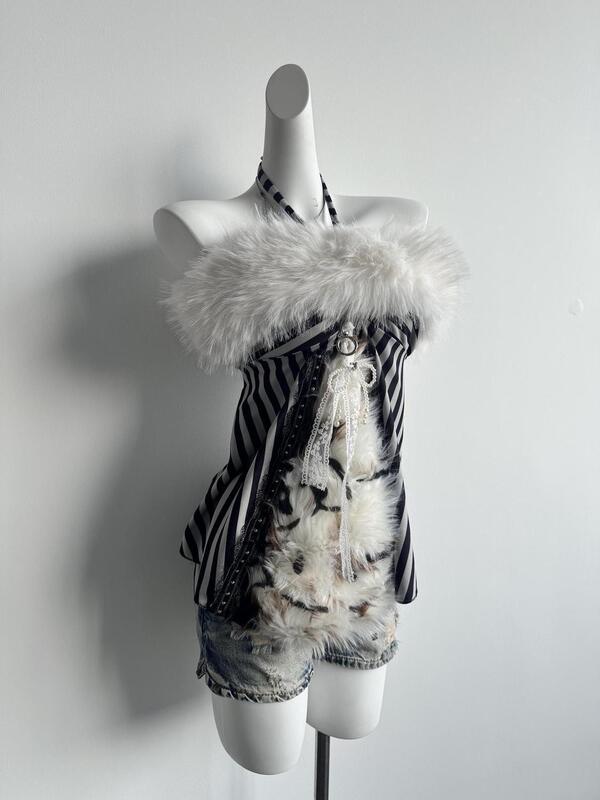 American-Style Spicy Girl's Self-Made Retro Y2K Subculture Furry Tube Top with Lace and Zebra Print Patchwork Halter Neck Camisole