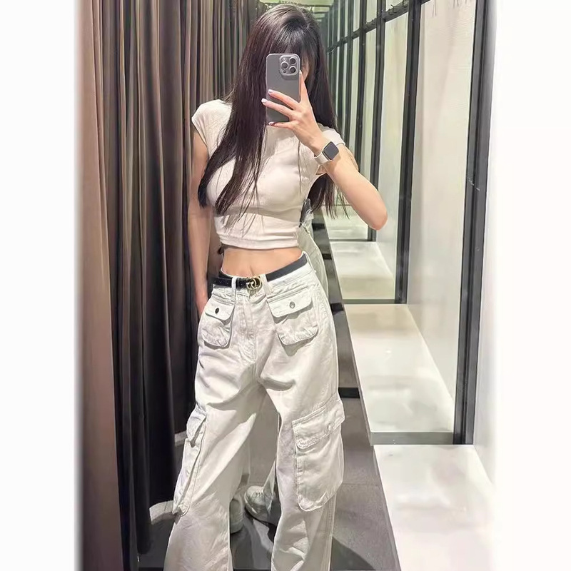 【韩牛】沙白色多口袋工装牛仔裤女秋季新款美式高街显瘦百搭直筒|undefined